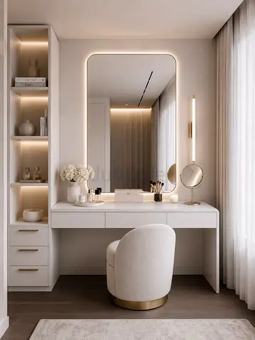 Minimal White Vanity Table with LED Mirror and Upholstered Stool