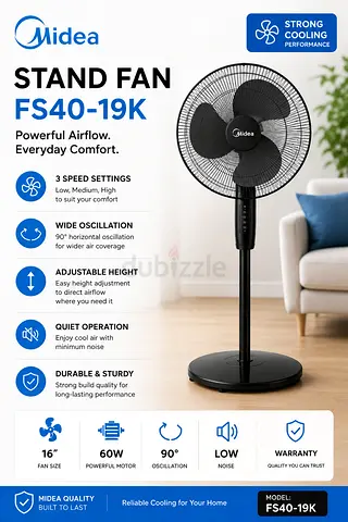 Midea FS40-19K 16 Stand Fan – 3-Speed, Adjustable Height, Quiet Operation