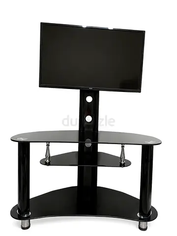 Modern Black Glass TV Stand with Mount and Shelves and TV