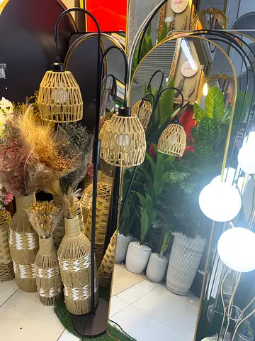 Decorative rattan floor lamp with multiple bulbs