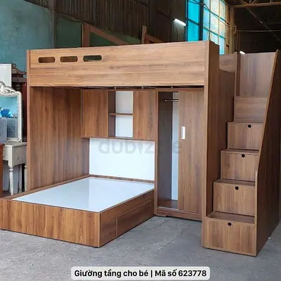 Solid Wood Loft Bunk Bed with Storage Stairs and Double Bed