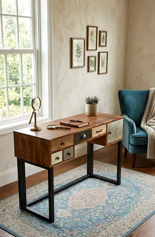 Modern Wooden Study Table with spacious desktop, storage drawers, and sturdy metal legs. Ideal for