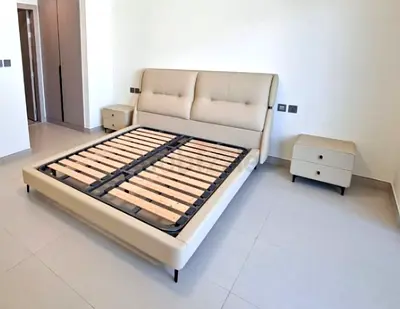 King size upholstered bed frame with two bedside tables - beige