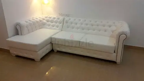 New velvet White Chesterfield L-shaped Sofa with Button Tufting -