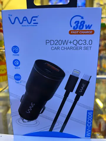 WAVE 38W PD20W + QC3.0 Car Charger Set with Lightning Cable (Black)