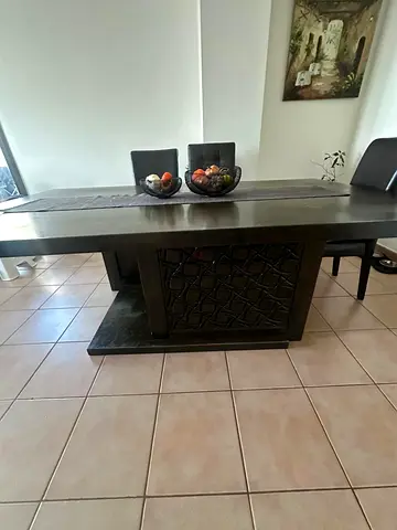 Solid Dark Wood Dining Table with Carved Pedestal Base - Seats 6