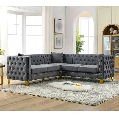 New Grey Velvet L-Shaped Tufted Corner Sofa - 3-Seater Sectional