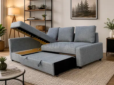 Comfortable Family Sofa Bed – Thick foam seating, soft-touch fabric, hidden storage box, and easy be