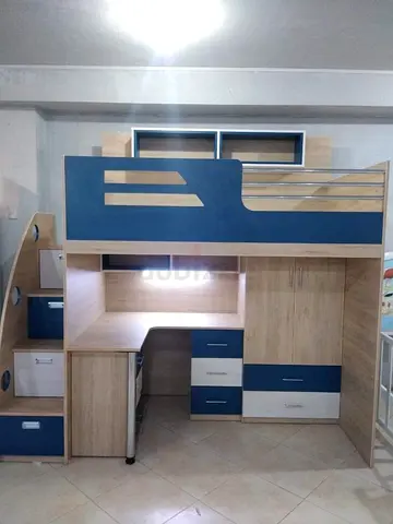 Loft Bed with Built-in Desk, Drawers and Wardrobe - Light Wood  Blue