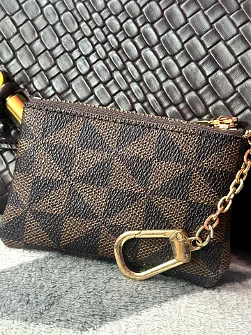 Small brown patterned key pouch/card holder with chain and clip