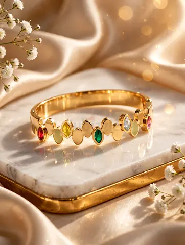 Gold-tone multicolor gemstone bangle bracelet