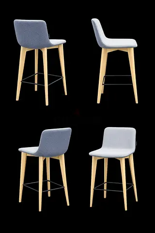 Set of 5 Modern Counter Height Bar Stools - Grey Fabric, Wooden Legs