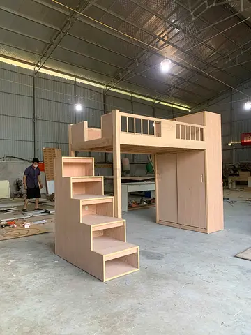 Loft Bed with Storage Wardrobe and Staircase Shelves - Solid Wood Finish