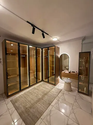 Corner glass-front wardrobe set with dressing table and display cabinet