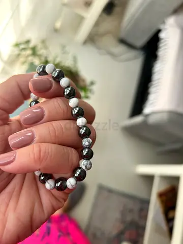 Black and white beaded stretch bracelet, natural stones