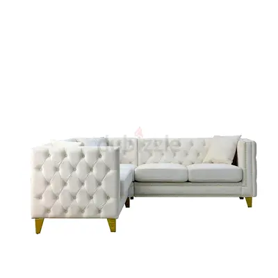 New L-shaped Velvet Tufted Corner Sofa - Cream, 5-Seater Sectional