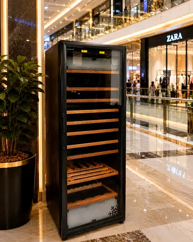 EuroCave wine cellar, featuring distinctive wooden shelving and a digital temperature display.EuroCa