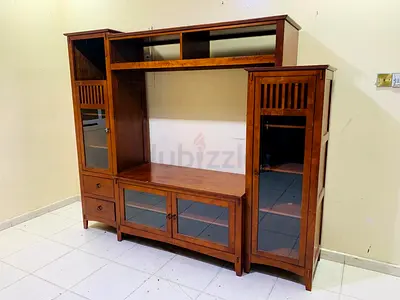 Solid Wood Entertainment Center / TV Cabinet with Glass Doors - Medium Brown