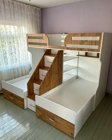 Wood  White Twin Bunk Bed with Stairs, Drawers and Shelves - Good Condition
