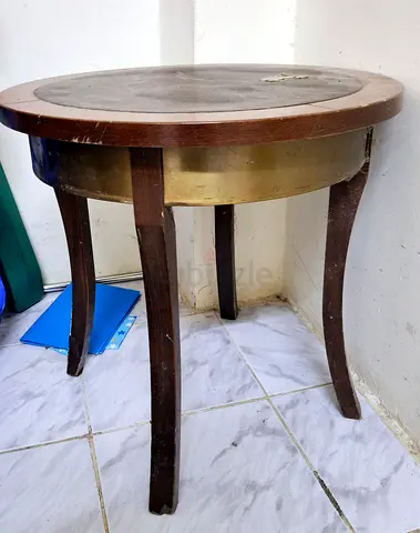 Round Wooden Side Table with Brass Trim