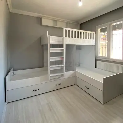White L-shaped Bunk Bed with Drawers and Ladder - Good Condition