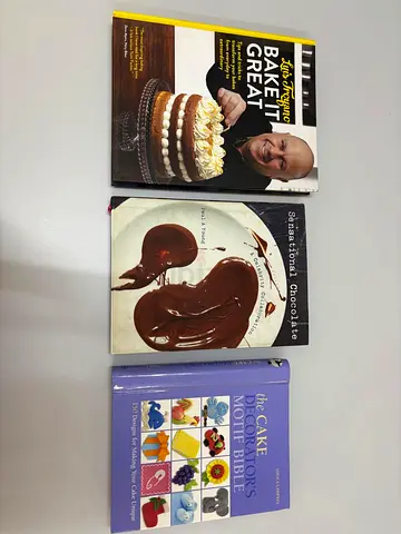 Three baking cookbooks: Bake It Great, Sensational Chocolate, The Cake Decorators