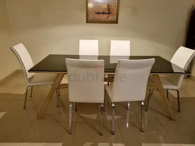 Modern Glass Top Dining Table with 6 White Chairs