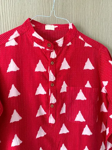 Red button-up boy’s Kurta with white triangle print - for 12-14 year old boy
