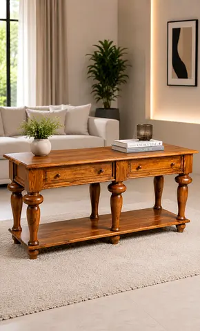 Marina Home Solid Wood Console Table with Drawers and Lower Shelf