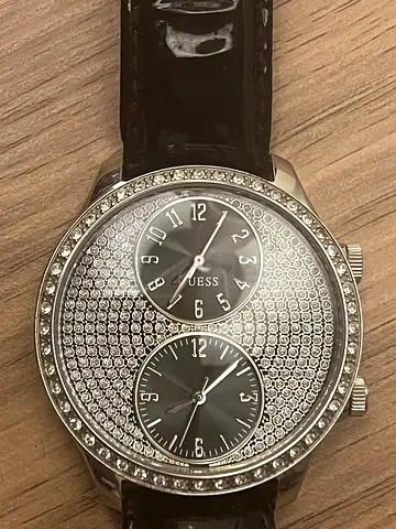 Used GUESS W10558L2 DUAL TIME LADIES WRISTWATCH STAINLESS BLING LEATHER