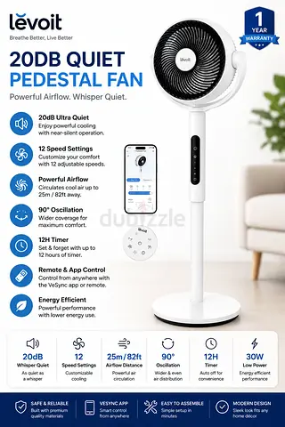 Levoit 20dB Quiet Pedestal Fan - App Remote Control, 12 Speeds