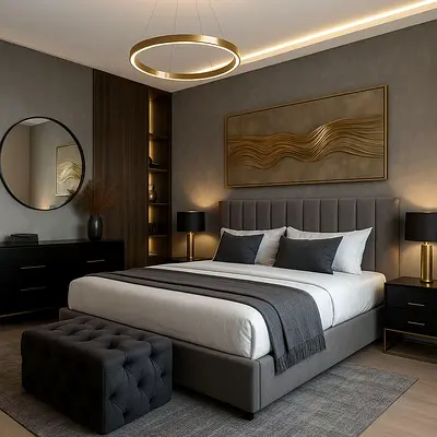 Customised Modern Grey Upholstered King Bed Frame with Vertical Stitch Headboard
