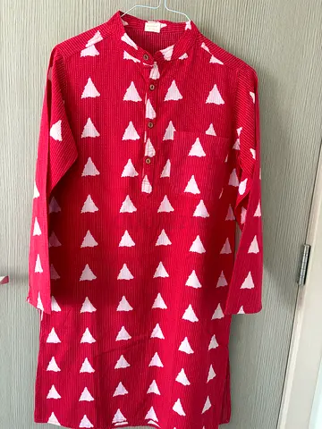 Red button-up boy’s Kurta with white triangle print - for 12-14 year old boy