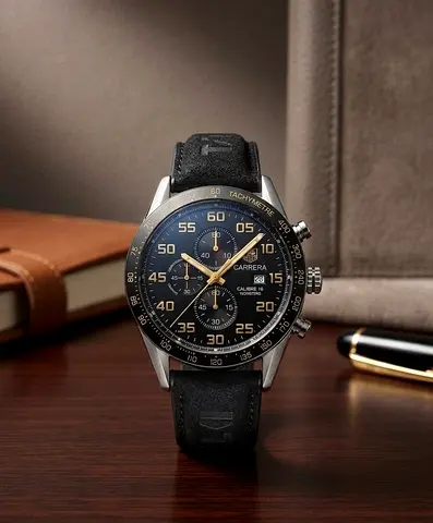 TAG Heuer Carrera Calibre 16 Chronograph Mens Luxury Watch – Black Dial  Leather Strap