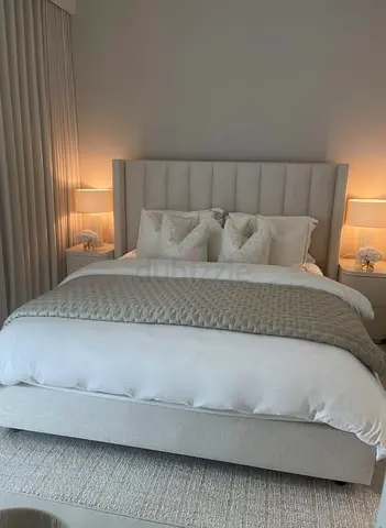 Modern Grey Upholstered Bed Frame with Headboard - Queen