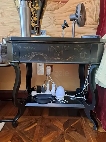 Black Wooden Side Table with Hand-Painted Oriental Design X2