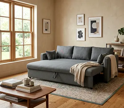 Comfortable sofa bed featuring soft foam cushions, durable upholstery and a spacious sleeping area f