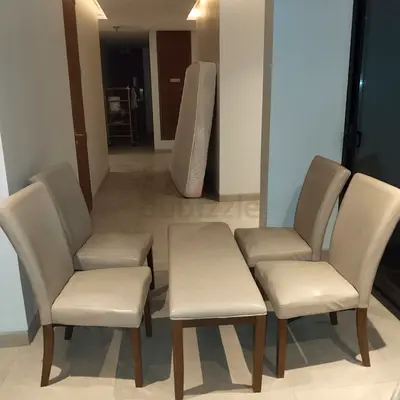Set of 4 Dining Chairs + Bench in Cream Faux Leather, Wooden Legs
