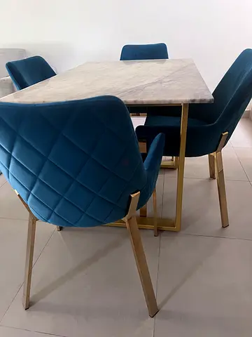 Marble Top Dining Table with 4 Velvet Blue Gold-Leg Chairs