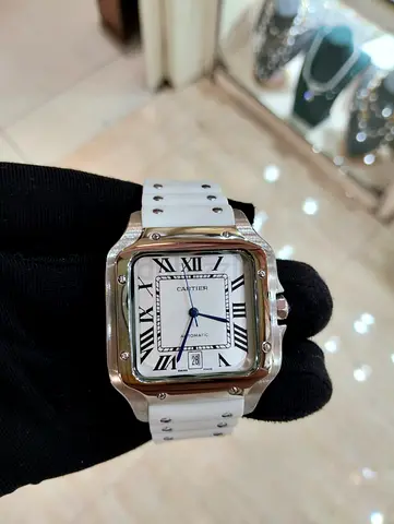 Cartier-style square mens automatic watch with white dial and strap