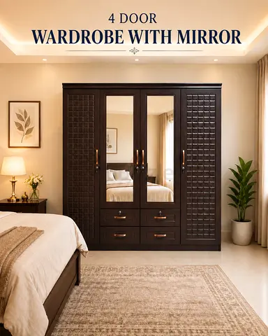 4 Door Wooden Wardrobe with Mirror – Modern Bedroom Storage Cabinet