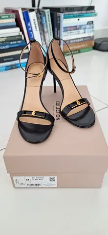 Charles Keith Black Patent Ankle-Strap Heeled Sandals - Size 37
