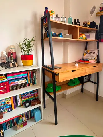 Wood and Black Metal Ladder-Style Desk with Shelves - Good Condition