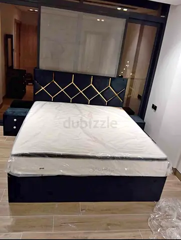 Queen upholstered bed frame with headboard and mattress - like new