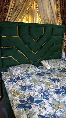 Green Velvet King Size Bed with Padded Headboard and Gold Trim