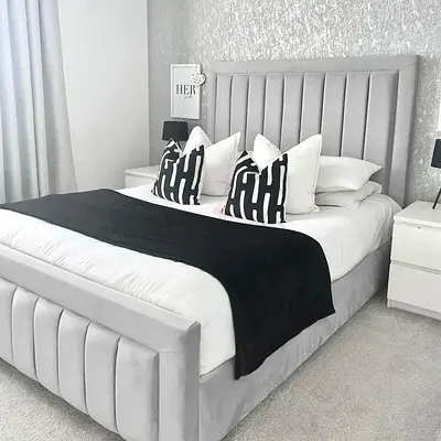 New  Customise Grey Velvet King Size Bed Frame with Padded Headboard