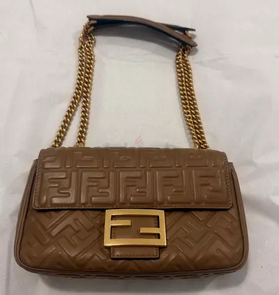 Fendi FF Logo Brown Zucca Embossed Leather Chain Baguette Bag