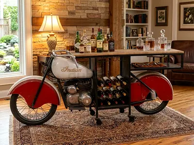 Unique Vintage Motorcycle Bar Table with Wine Rack