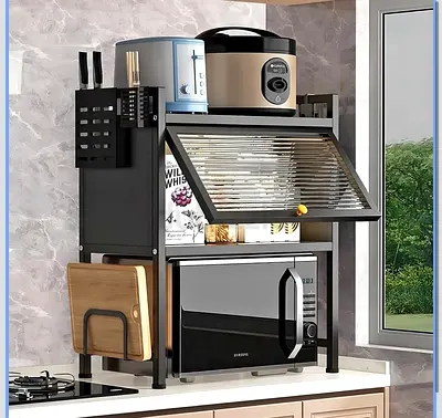 Compact Kitchen Microwave Rack with Roll-Top Door and Cutting Board Holder