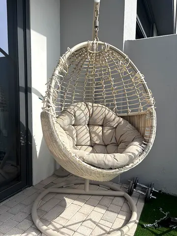Cream Rattan Hanging Egg Chair with Stand and Cushion